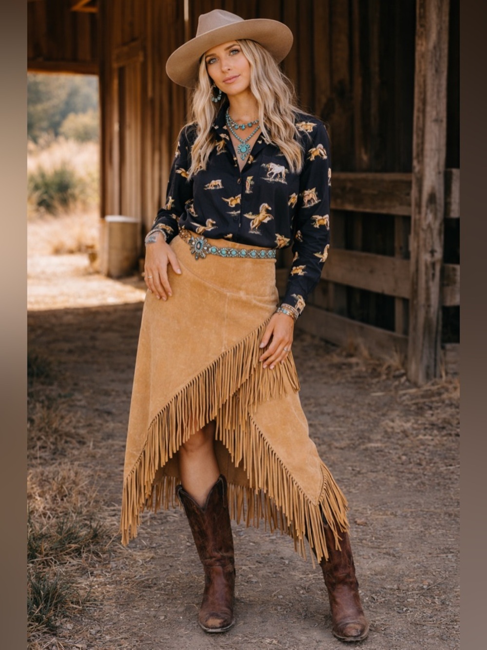 Studio West Vintage Horse Print Western Button Down Medium